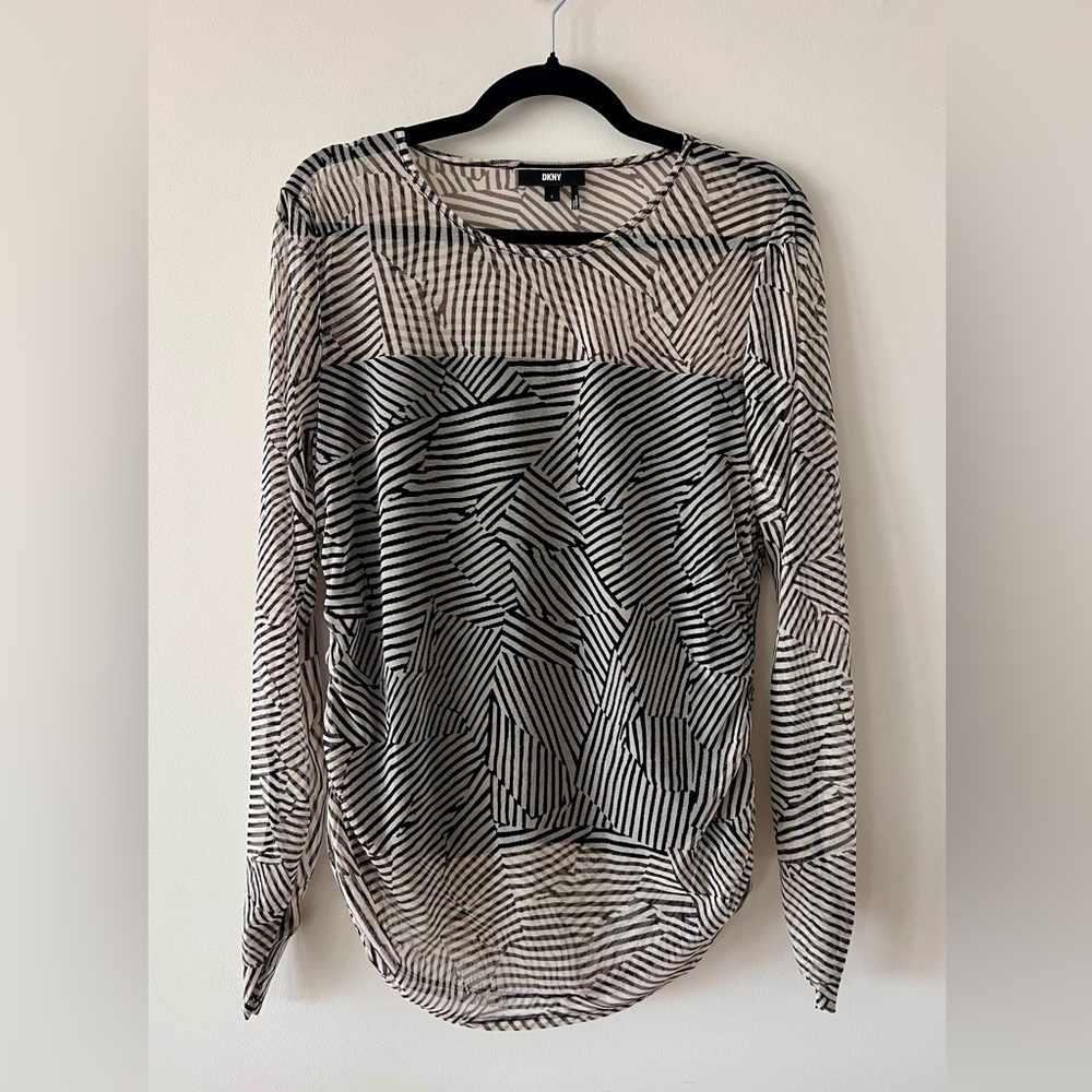 DKNY Sheer Mesh Long Sleeve Top Large Black & Cream Geometric Pattern